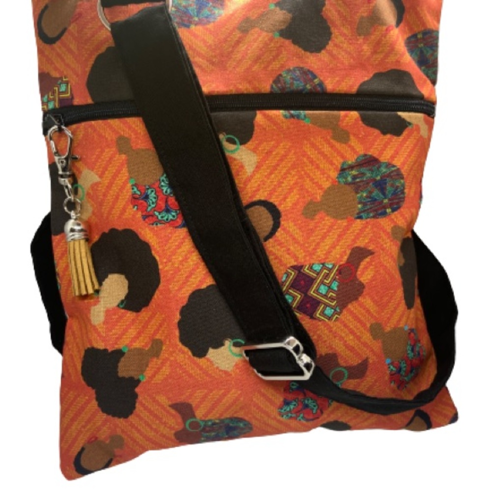 African American Crossbody Bag Adjustable Strap. Brown faces.